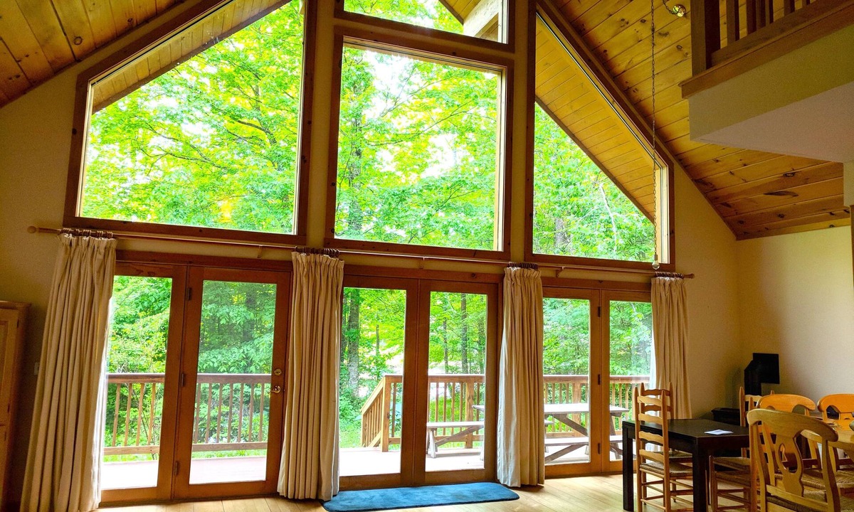 Cummington House | 3BR Riverfront Log Home with Steam Sauna, Soaring Glass Wall & Private Forest
