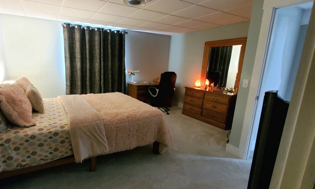 Williston North Condo | Basement Space with bedroom, living room, movie theatre and gym.
